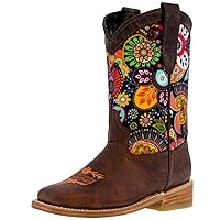 Kids Rustic Brown Western Cowboy Boots Paisley Floral Square Toe