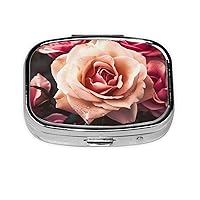 Elegant Rose Flower Floral Print Pill Box with 2 Compartment Round Pill Case Portable Travel Pillbox Small Medicine Organizer for Pocket Purse Vitamins