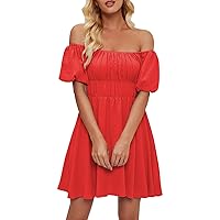 Puffy Sleeves Dress for Women, Women's One Line Neckline Bubble Short Sleeved Temperament Pleated High, S XL