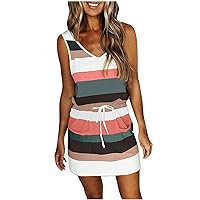 Trendy Striped Summer Dresses for Women 2023 Beach Dress Sleeveless V Neck Mini Dresses Tank Sundress with Pocket