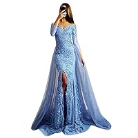 VeraQueen Women's African Mermaid Prom Dresses with Detachable Train V Neck Long Sleeves Lace Appliques Evening Gowns