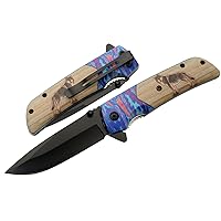 SZCO Supplies 8” Wolf Printed Assisted Open Liner Lock EDC outdoor Folding Knife, brown (300564-WF)