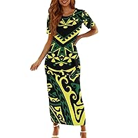 Womens Polynesian Printed Puletasi Samoan Casual Short Sleeve Shirts Maxi Dress 2 Piece Set