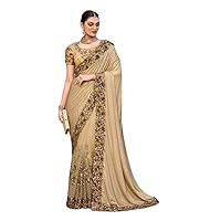 Beige Wedding Special Embroidered Synthetic Saree Blouse Bridal Heavy Work Sari 3962