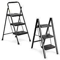 Double Elite 2 Pcs of Folding 3-Step Ladders Bundle, includ. 500 Lbs Small Step Ladder 3 Step Folding with Handgrip, and 330 Lbs Folding Kitchen Step Ladder for Adults