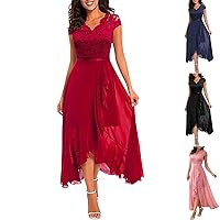 Bridesmaid Dresses for Women V Neck Lace Short Sleeve Long Dresses Irregular Ruffle Hem Split Evening Party Gowns