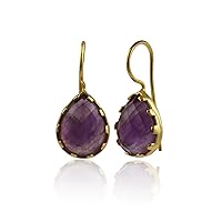 Wholesale Amethyst Gemstone Hook Stud Earring | Brass Gold Plated Pear Shape Dangle Jewelry | Prong Sett Handmade Drop Hook Earring | 1865)1F