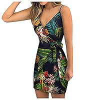 XJYIOEWT Cocktail Dresses for Women Over 50,2023 New Sexy Suspender Skirt Trend Printing Summer Women's Tie Waist Dress