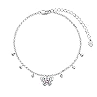 AOBOCO Butterfly Anklet 925 Sterling Silver Women's Pearl Anklet with Crystals 22-27 cm, Crystal, Crystal