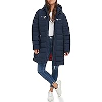 TOMMY HILFIGER Women Solid Puffer Untrimmed Hood Long Jacket, Navy, Small