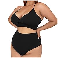 Plus Size Swimsuit for Women Sexy Backless Solid Color Swimwear Bikini Set Two Piece Beachwear Suit