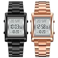 Mens Digital Watch for Men Womens, Rectangle Stainless Steel Watches, Men's Wristwatch Waterproof Black Watch