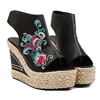 Women and Ladies Gold Fish Embroidery Wedge Sandal Platform Summer Shoe