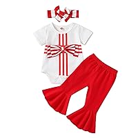 Bundle Baby Girl Infant Girls Short Sleeve Striped Bowknot Romper Bodysuit Bell Bottoms Pants Headbands Out Girl Clothes Kids (Red, 12-18 Months)