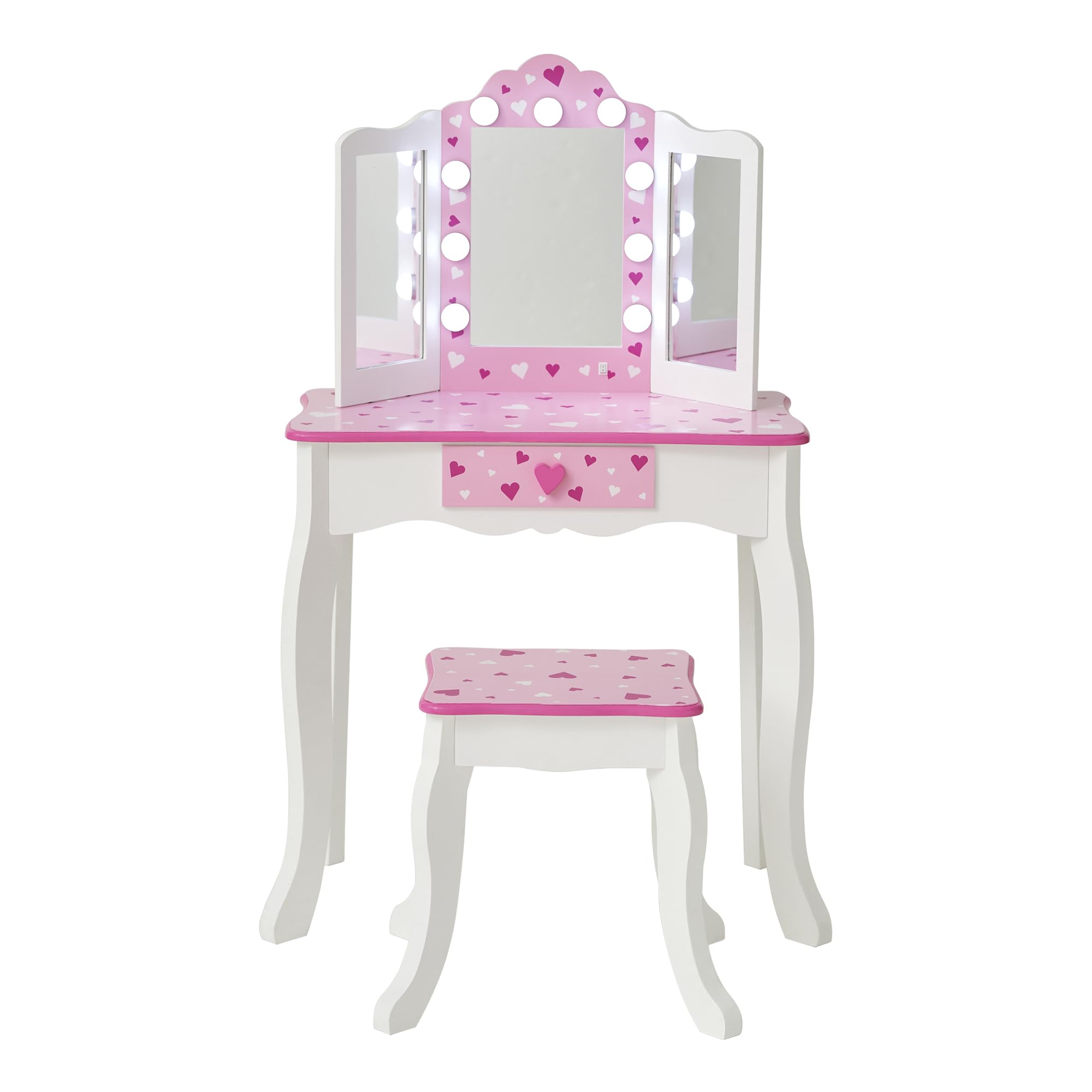 Teamson Kids - Pretend Play Kids Vanity, Table and Chair Vanity Set with LED Mirror Makeup Dressing Table with Drawer, Sweethearts Print Gisele Play Vanity Set, White/Pink, Gift for Ages 3+