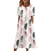 Empire Waist Dress Womens Short Sleeve Club Bohemian Summer Crew-Neck Ruched Loose Cool Patterned Cotton.