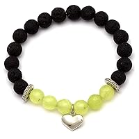 Green Black Onyx Beaded Bracelet 925 Silver Heart Charm