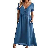 Knee Length Dress Women's Spring/Summer Solid Color Short Sleeved Cotton Linen Waist Womens Casual Dresses Size 16