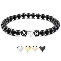 MeMeDIY Personalized Initial Bracelet Engraved Letter Bead Bracelets for Boyfriend Girlfriends Couples Women Men Custom Ankle Bracelet Black Natural Agate White Turquoise with Heart Handmade Gifts