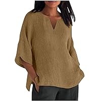 Womens 3/4 Sleeve Tops Summer V Neck Linen Shirts Quarter Sleeve T Shirts Plus Size Tunics Casual Beach Tee Blouse
