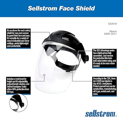 Sellstrom Face Shield S32010, Single Crown, Full Safety Mask for Men and Women, Clear Polycarbonate, Ratchet Headgear, Lightweight Comfort, ANSI Z87