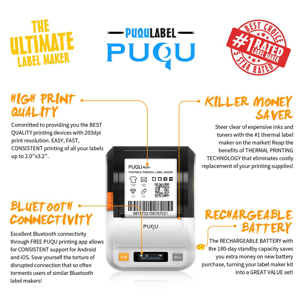 PUQU Label Maker | Portable Bluetooth Thermal Label Printer Q00 with Rechargeable Battery, Apply to Clothing, Jewelry, Retail, Mailing, Barcode and More, Compatible for Android & iOS System