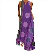 Summer Dresses for Women 2024 Casual Sleeveless Long Floor Length Maxi Dress Vintage Print V Neck Kaftan Beach Dress