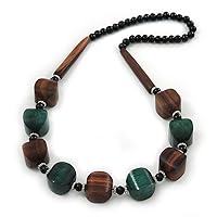 Avalaya Chunky Brown/Dark Green Wooden Bead Necklace - 80cm Length
