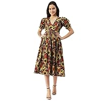 Printed Cotton Flared Dress, V-Neck Puffed Sleeves Maxi Dress for Women