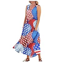 Women's 4th of July Summer Casual Sleeveless Loose Long Sundress with Pockets Maxi Beach Dress Vacation 2024 Trendy