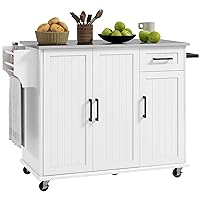 HOMCOM Kitchen Island with Storage, Rolling Kitchen Island on Wheels with Drawer, 3 Cabinets, Stainless Steel Countertop, Spice Rack and Towel Rack, White