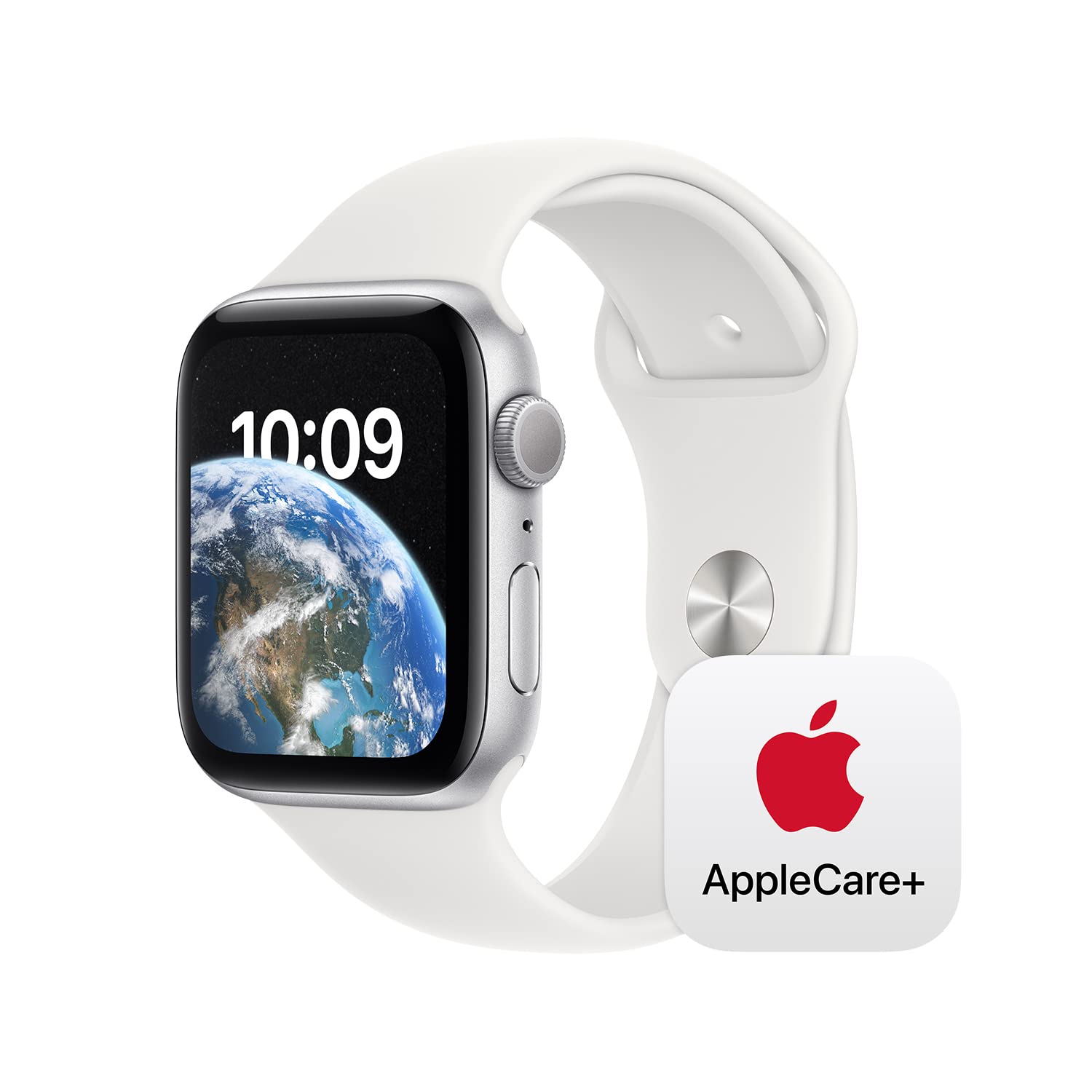Apple Watch SE GPS 44mm Silver Aluminium Case with White Sport Band - S/M with AppleCare+ (2 Years)