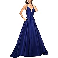 Women's Long Spaghetti Straps Ball Gowns Satin V Neck Prom Dresses with Pockets
