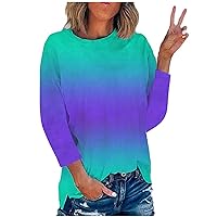 Womens T Shirts Tie Dye Gradient Tops Blouse 3/4 Sleeves Summer Fall T-Shirts Tunics Round Neck Vacation Clothes