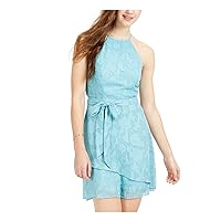 Womens Embroidered Zippered Layered Tie Sleeveless Halter Short Fit + Flare Dress