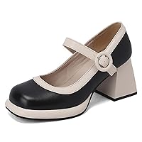 Women's Retro Leather Colorblock Block Heel Mary Jane Shoes Classic Elegant Square Toe High Heels Wedding Dress High Heels Comfortable Casual Formal Business Office Work Shoes