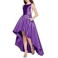 Women's 2019 High Low Satin Prom Dress Long Scoop Neck Formal Homecoming Gown with Pockets