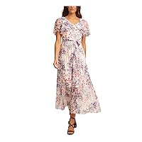 DKNY Womens Ivory Zippered Tie Floral Flutter Sleeve V Neck Maxi Wear to Work Fit + Flare Dress 4