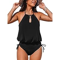 CUPSHE Women's One Piece Swimsuit Halter Neck Bathing Suit Front Cutout Adjustable Straps Drawstring Ruched