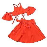 Infant Girl Set Kids Toddler Baby Girls Spring Summer Solid Cotton Ruffle Off Shoulder Tops Skirts Outfits Clothes Girl (Red, 6-7 Years)