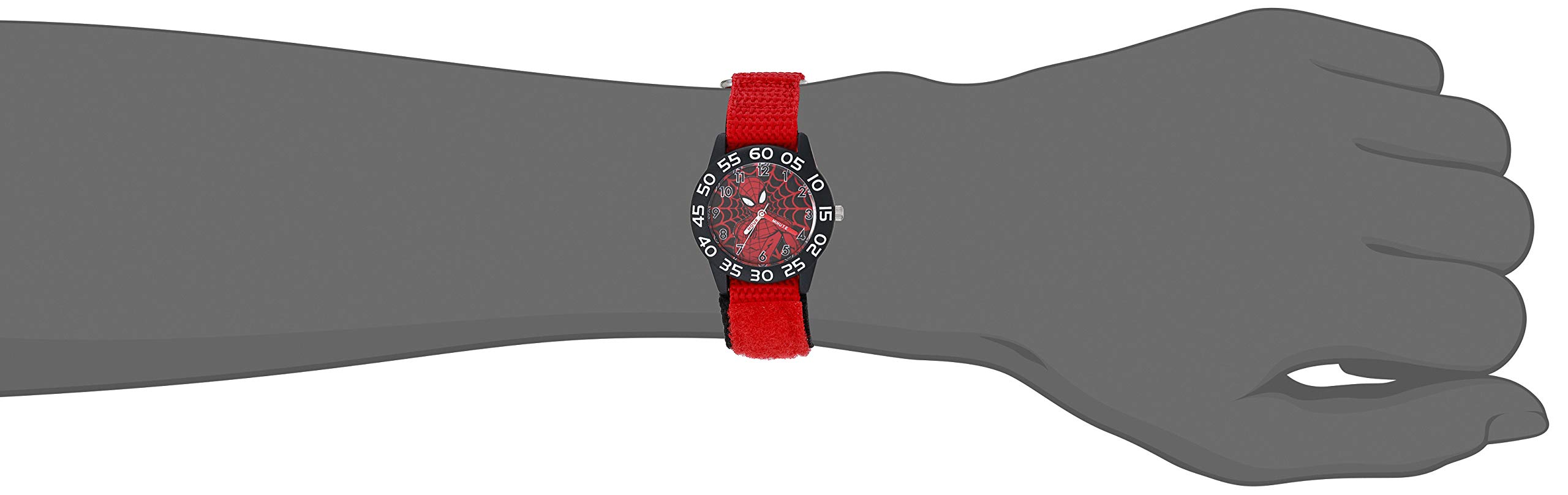 Marvel Spider-Man Boys' Black Plastic Time Teacher Watch, Red Hook and Loop Nylon Strap with Black Backing,WMA000412