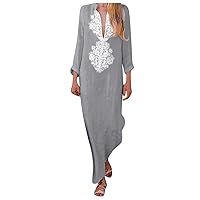 Women Cotton Linen Maxi Dresses Henley V Neck Long Sleeve Shirt Dress Plus Size Baggy Comfy Long Casual Beach Dress