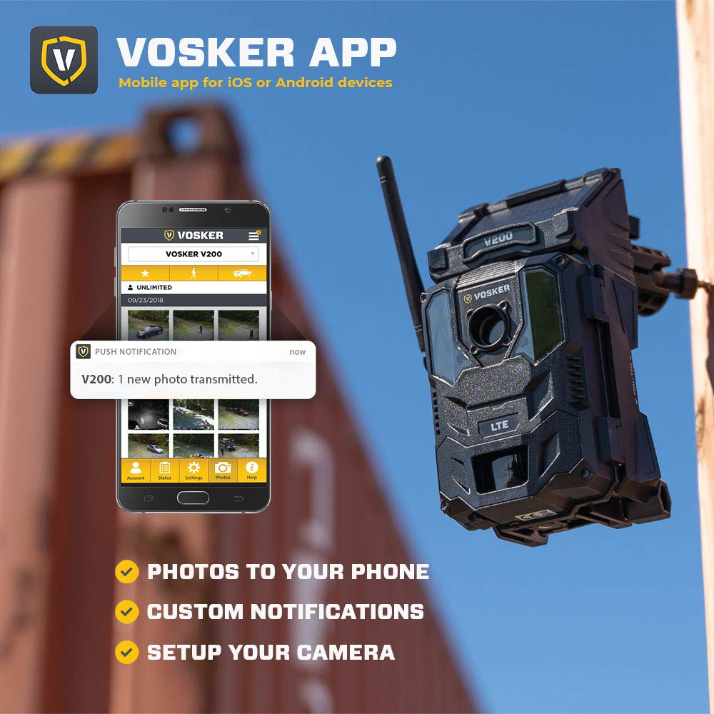 Vosker V200 | Cellular Security Camera | Built-in Solar Panel | LTE, Wireless, Weatherproof, No Wi-Fi Required | Motion Activated Outdoor Surveillance Cameras | Mobile Phone Photo Notifications