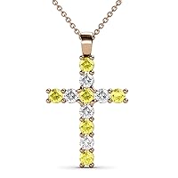 Yellow Sapphire & Natural Diamond (SI2-I1, G-H) Cross Pendant 0.85ctw 14K Gold. Included 16 Inches 14K Gold Chain.