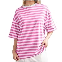 Women Oversized Striped Short Sleeve T-Shirts Color Block Crew Neck Loose Pullover Shirt Trendy Casual Summer Tee Tops