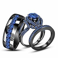 1Ct Round Cut Blue Sapphire 925 Sterling Silver 14K Black Gold Over Diamond Bridal Wedding Band Trio Ring Set for Him & Her