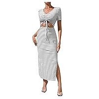Floerns Women's Stripe V Neck Cut Out Drawstring Front Short Sleeve Slit Hem Bodycon Midi Dress