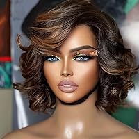 Glueless 8 inch Ombre Colore Short Bob Wig With Highlights Human Hair For Women Short Wave Colored 13X4 HD Lace Front Brazilian Human Hair Bob Wig Wave Prepluck with Invisible Bleached Knots