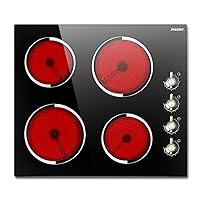 Electric Cooktop 24 Inch - 4 Burner Drop-in Radiant Electric Cooktop with Knob Control, 220-240V Electric Ceramic Stove Top with 9 Heating Levels and Residual Heat Indication (No Plug)