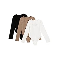 OYOANGLE Women's 3 Pack Long Sleeve Round Neck Cut Out Bodysuit Casual Solid Tee Tops